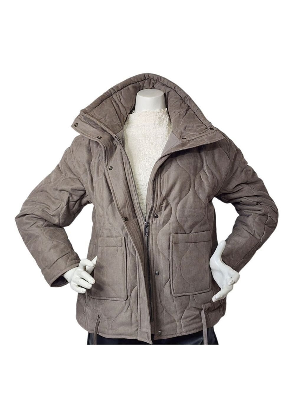 Be Cool Taupe Quilted Puffer Jacket S/M NWOT Utility Luxe Cozy Neutral Winter